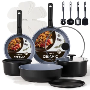 19pcs Ceramic Cookware Set Detachable Handle,Pots and Pans Non Stick | Kitchen Cooking Sets, Space Saving, Dishwasher & Oven Safe, Non-Toxic, for Camping/RV/Traveling, Black/Grey 19pcs Ceramic Cookware Set Detachable Handle,Pots and Pans Non Stick | Kitchen Cooking Sets, Space Saving, Dishwasher & Oven Safe, Non-Toxic, for Camping/RV/Traveling, Black/Grey