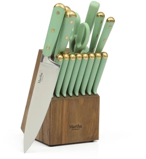 16-Piece Lockton High Carbon Stainless Steel Knife Block Set - Forged Full Tang Chef Knives, Acacia Wood Block, Triple Riveted Handles, Sage Green & Gold 16-Piece Lockton High Carbon Stainless Steel Knife Block Set - Forged Full Tang Chef Knives, Acacia Wood Block, Triple Riveted Handles, Sage Green & Gold