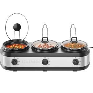 Triple Slow Cooker & Food Warmer, Three Crock Slowcooker with 2.5 Qt. Ceramic Crocks, 7.5-Quart Total Capacity, PFAS-Free, Three Temperature Settings, Dishwasher-Safe Parts Stainless Steel Triple Slow Cooker & Food Warmer, Three Crock Slowcooker with 2.5 Qt. Ceramic Crocks, 7.5-Quart Total Capacity, PFAS-Free, Three Temperature Settings, Dishwasher-Safe Parts Stainless Steel