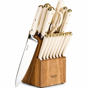 Knife Block Set 16-Piece - Lockton High Carbon Stainless Steel Forged Full Tang Chef Knives, Acacia Wood Block, Triple Riveted Handles, Linen White & Gold Knife Block Set 16-Piece - Lockton High Carbon Stainless Steel Forged Full Tang Chef Knives, Acacia Wood Block, Triple Riveted Handles, Linen White & Gold