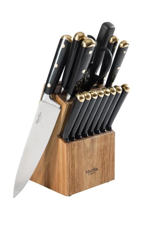 16-Piece Lockton High Carbon Stainless Steel Knife Block Set - Forged Full Tang Chef Knives, Acacia Wood Block, Triple Riveted Handles, Black & Gold 16-Piece Lockton High Carbon Stainless Steel Knife Block Set - Forged Full Tang Chef Knives, Acacia Wood Block, Triple Riveted Handles, Black & Gold