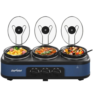 Triple Slow Cooker, Buffet Food Warmer with 3 x 1.5 QT Removable Ceramic Pots, Buffet Servers and Warmers with Glass Lids and 3 Spoons, Stainless Steel, Blue Triple Slow Cooker, Buffet Food Warmer with 3 x 1.5 QT Removable Ceramic Pots, Buffet Servers and Warmers with Glass Lids and 3 Spoons, Stainless Steel, Blue