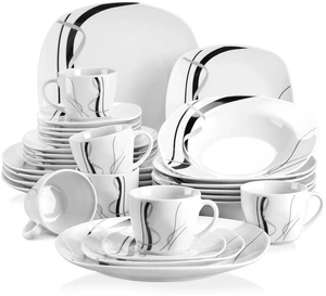 Ceramic Dinnerware Sets for 6, White and Black Dishes Set, FIONA | Porcelain Dinner Set Including Dessert Plates, Soup Plates, Dinner Plates, Cups & Saucers, Microwave & Dishwasher Safe Ceramic Dinnerware Sets for 6, White and Black Dishes Set, FIONA | Porcelain Dinner Set Including Dessert Plates, Soup Plates, Dinner Plates, Cups & Saucers, Microwave & Dishwasher Safe