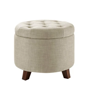 Round Storage Ottoman Foot Rest, Button Tufted Upholstered Footstool with Storage, Sturdy Linen Fabric for Living Room and Bedroom, 20" x 17", Beige Round Storage Ottoman Foot Rest, Button Tufted Upholstered Footstool with Storage, Sturdy Linen Fabric for Living Room and Bedroom, 20" x 17", Beige