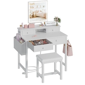 White Makeup Vanity Desk with Mirror and Lights, Vanity Set with Chair, Make Up Dresser Table with Drawers and Power Outlet for Girls Bedroom Small Space White Makeup Vanity Desk with Mirror and Lights, Vanity Set with Chair, Make Up Dresser Table with Drawers and Power Outlet for Girls Bedroom Small Space