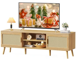 Boho TV Stand for 65 Inch TV, Entertainment Center with Adjustable Shelf, Rattan TV Console with 2 Cabinets, Media Console, Solid Wood Feet, 4 Cord Holes, for Living Room - Natural Boho TV Stand for 65 Inch TV, Entertainment Center with Adjustable Shelf, Rattan TV Console with 2 Cabinets, Media Console, Solid Wood Feet, 4 Cord Holes, for Living Room - Natural