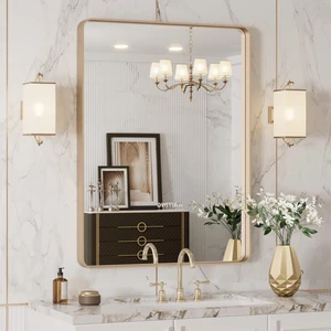 24"X32" Gold Bathroom Mirror | Rounded Rectangle, Brushed Gold Frame, Wall-Mounted, Anti-Rust, Hangs Horizontally or Vertically 24"X32" Gold Bathroom Mirror | Rounded Rectangle, Brushed Gold Frame, Wall-Mounted, Anti-Rust, Hangs Horizontally or Vertically