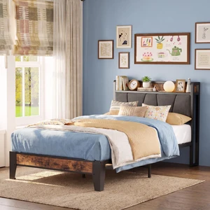Twin Size Bed Frame with Storage Headboard and Charging Station | Vintage Brown and Gray Upholstered Platform Bed Frame, Sturdy Noise-Free Metal Support, No Box Spring Needed, Easy Assembly Twin Size Bed Frame with Storage Headboard and Charging Station | Vintage Brown and Gray Upholstered Platform Bed Frame, Sturdy Noise-Free Metal Support, No Box Spring Needed, Easy Assembly