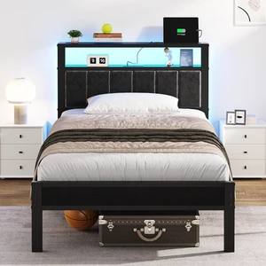 Twin Bed Frame with LED Lights & USB Outlets, Platform Twin Bed with Storage Headboard, No Box Spring Needed, Easy Assembly Twin Bed Frame with LED Lights & USB Outlets, Platform Twin Bed with Storage Headboard, No Box Spring Needed, Easy Assembly