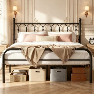 12 Inch King Metal Bed Frame with Victorian Headboard, Heavy Duty Platform Bed with Steel Slat Support, Stable & Noiseless, Under Foundation Storage, No Box Spring Needed, Easy Assembly, Black 12 Inch King Metal Bed Frame with Victorian Headboard, Heavy Duty Platform Bed with Steel Slat Support, Stable & Noiseless, Under Foundation Storage, No Box Spring Needed, Easy Assembly, Black