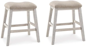 Skempton Counter Height Bar Stool, Set of 2 | Space-saving 24-inch farmhouse design, Supportive 18.5-inch foam-cushioned saddle seat, Distressed wood frame with footrest Skempton Counter Height Bar Stool, Set of 2 | Space-saving 24-inch farmhouse design, Supportive 18.5-inch foam-cushioned saddle seat, Distressed wood frame with footrest