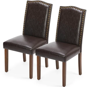 Dining Chairs Set of 2, PU Leather Kitchen Chair, Brown | Wood Legs, Padded Seat, High Back, Armless, Restaurant, Nailhead Trim, Modern Kitchen Side, Living Room Dining Chairs Set of 2, PU Leather Kitchen Chair, Brown | Wood Legs, Padded Seat, High Back, Armless, Restaurant, Nailhead Trim, Modern Kitchen Side, Living Room