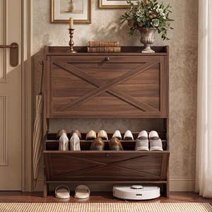 Narrow Shoe Storage Cabinet Organizer with 2 Flip Drawers | Freestanding Shoe Rack, Fits 14 to 16 Pairs, for Entryway, Farmhouse Style, Chestnut Brown, HAINS Collection UHSC203KX01S Narrow Shoe Storage Cabinet Organizer with 2 Flip Drawers | Freestanding Shoe Rack, Fits 14 to 16 Pairs, for Entryway, Farmhouse Style, Chestnut Brown, HAINS Collection UHSC203KX01S