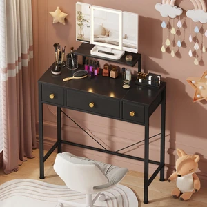 Small Makeup Vanity Desk 27.5''W with Mirror and Lights, 3 Drawers | USB Lighted Mirror, Height-Adjustable Stand, Fabric Drawers, Girls/Kids Gifts, Bedroom, Small Space, Dorm, Black Small Makeup Vanity Desk 27.5''W with Mirror and Lights, 3 Drawers | USB Lighted Mirror, Height-Adjustable Stand, Fabric Drawers, Girls/Kids Gifts, Bedroom, Small Space, Dorm, Black