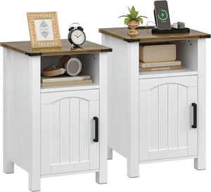 Farmhouse Nightstand with Charging Station, Set of 2, White | End Table with USB/Type-C Ports, Rustic Bedside Table with Large Storage and Open Shelf, Modern Side Table for Bedroom Farmhouse Nightstand with Charging Station, Set of 2, White | End Table with USB/Type-C Ports, Rustic Bedside Table with Large Storage and Open Shelf, Modern Side Table for Bedroom