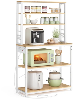 Coffee Bar, 31.5 Inches 6-Tier Baker's Rack with 6 Hooks | Modern Basic Microwave Stand, 31.5 x 15.8 x 65.8 Inches, Golden Oak and Cloud White, BARNET Collection UKKS119Y01 Coffee Bar, 31.5 Inches 6-Tier Baker's Rack with 6 Hooks | Modern Basic Microwave Stand, 31.5 x 15.8 x 65.8 Inches, Golden Oak and Cloud White, BARNET Collection UKKS119Y01