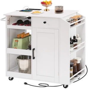 Kitchen Island with Power Outlet, Kitchen Storage Island with Drawer, Rolling Kitchen Cart on Wheels, Spice Rack, Towel Rack, Wine Rack, for Dining Room, White KIWT122E01 Kitchen Island with Power Outlet, Kitchen Storage Island with Drawer, Rolling Kitchen Cart on Wheels, Spice Rack, Towel Rack, Wine Rack, for Dining Room, White KIWT122E01