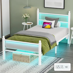Twin Bed Frames with Headboard and Footboard,White Metal Platform Bed Frame with RGB LED Lights and USB Charging Station,Under Bed Storage,No Box Spring Needed,Suitable for Bedrooms Twin Bed Frames with Headboard and Footboard,White Metal Platform Bed Frame with RGB LED Lights and USB Charging Station,Under Bed Storage,No Box Spring Needed,Suitable for Bedrooms