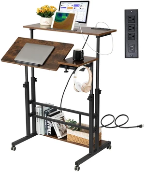Mobile Standing Desk Adjustable Height, Rolling Desk Stand Up Desk, Mobile Laptop Desk, Rolling Computer Desk with Charging Station, Portable Desk with Wheels, Rustic Brown Mobile Standing Desk Adjustable Height, Rolling Desk Stand Up Desk, Mobile Laptop Desk, Rolling Computer Desk with Charging Station, Portable Desk with Wheels, Rustic Brown