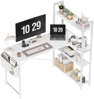 47 Inch Computer Desk with Bookshelf, Corner Desk with Storage, L Shaped Desk, Home Office Desks, Writing Study Desk for Bedroom, White 47 Inch Computer Desk with Bookshelf, Corner Desk with Storage, L Shaped Desk, Home Office Desks, Writing Study Desk for Bedroom, White