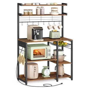 Baker's Rack, 35.4 Inches Microwave Stand with Wire Basket, 8 Hooks | For Spices, Pots, and Pans, Rustic Brown and Ink Black, BARNET Collection UKKS031K01 Baker's Rack, 35.4 Inches Microwave Stand with Wire Basket, 8 Hooks | For Spices, Pots, and Pans, Rustic Brown and Ink Black, BARNET Collection UKKS031K01