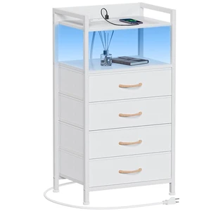 White Nightstand with Charging Station,Small Dresser for Bedroom | 4 Drawer Tall Bedside Table with LED light & Remote Control, Metal Frame and Fabric Bins,Wood Desk Top,Easy Assemble for Dorm White Nightstand with Charging Station,Small Dresser for Bedroom | 4 Drawer Tall Bedside Table with LED light & Remote Control, Metal Frame and Fabric Bins,Wood Desk Top,Easy Assemble for Dorm