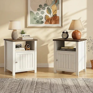 Farmhouse Nightstands with Storage | End Table Set of 2, Open Shelf, Rustic Bedside Table Set of 2 for Bedroom, White & Brown Farmhouse Nightstands with Storage | End Table Set of 2, Open Shelf, Rustic Bedside Table Set of 2 for Bedroom, White & Brown