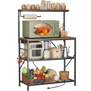 4-Tier Bakers Rack with Reversible Power Outlet, 31.5 Inch Microwave Stand, Kitchen Coffee Bar, with Top Shelf, 6 S Hooks, Rustic Brown 4-Tier Bakers Rack with Reversible Power Outlet, 31.5 Inch Microwave Stand, Kitchen Coffee Bar, with Top Shelf, 6 S Hooks, Rustic Brown