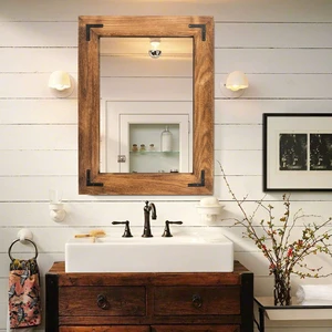 Rustic Wooden Framed Wall Mirror, Natural Wood Bathroom Vanity Mirror for Farmhouse Decor, Vertical or Horizontal Hanging (26" x 18", Brown) Rustic Wooden Framed Wall Mirror, Natural Wood Bathroom Vanity Mirror for Farmhouse Decor, Vertical or Horizontal Hanging (26" x 18", Brown)