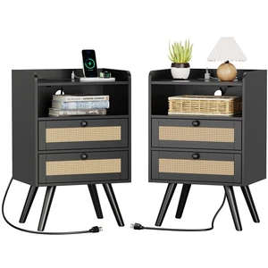 Night Stand with Charger Station, Boho Rattan Nightstand Set of 2 | 25.2 Inch Tall Bed Side Table with 2 Drawer &Solid Wood Feet, End Table, Open Storage, Synthetic Rattan for Bedroom, Black Night Stand with Charger Station, Boho Rattan Nightstand Set of 2 | 25.2 Inch Tall Bed Side Table with 2 Drawer &Solid Wood Feet, End Table, Open Storage, Synthetic Rattan for Bedroom, Black
