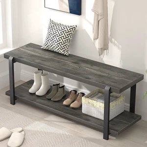 Industrial Entryway Bench with Storage, Rustic Wood and Metal Shoe Rack Bench Seat, 47 Inch Grey Industrial Entryway Bench with Storage, Rustic Wood and Metal Shoe Rack Bench Seat, 47 Inch Grey
