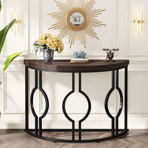 Half Moon Console Table for Entryway, 43 Inch Industrial Semi Circle Sofa Table with Geometric Base, Wood Accent Table for Living Room, Hallway, Foyer, Entrance, Rustic Brown Half Moon Console Table for Entryway, 43 Inch Industrial Semi Circle Sofa Table with Geometric Base, Wood Accent Table for Living Room, Hallway, Foyer, Entrance, Rustic Brown