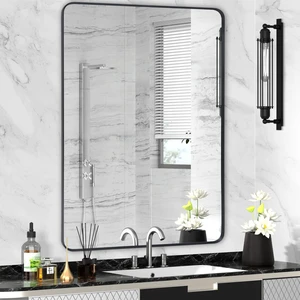 Black Framed Bathroom Mirror, 28" x 36", Matte Black | Rounded Corner Rectangle Vanity Mirror, Brushed Frame, Tempered Glass, Anti-Rust, Hangs Horizontally or Vertically Black Framed Bathroom Mirror, 28" x 36", Matte Black | Rounded Corner Rectangle Vanity Mirror, Brushed Frame, Tempered Glass, Anti-Rust, Hangs Horizontally or Vertically