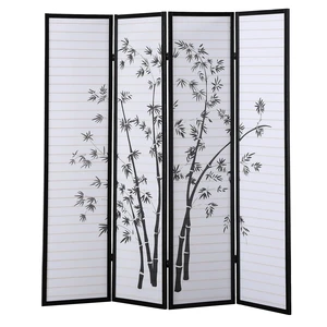 Bamboo Print 4-Panel Framed Room Screen/Divider, black Bamboo Print 4-Panel Framed Room Screen/Divider, black