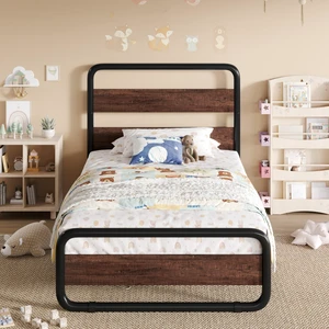 Twin Size Metal Bed Frame with Wooden Headboard, Mahogany | Heavy Duty Platform Frame with Under-Bed Storage, Noise Free, No Box Spring Needed Twin Size Metal Bed Frame with Wooden Headboard, Mahogany | Heavy Duty Platform Frame with Under-Bed Storage, Noise Free, No Box Spring Needed