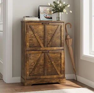 Shoe Cabinet, Shoe Storage Cabinet for Entryway with 2 Flip Drawers, Narrow Farmhouse Shoe Organizer Cabinet, Slim Shoe Rack Cabinet, 23.6in Rustic Brown Shoe Cabinet, Shoe Storage Cabinet for Entryway with 2 Flip Drawers, Narrow Farmhouse Shoe Organizer Cabinet, Slim Shoe Rack Cabinet, 23.6in Rustic Brown