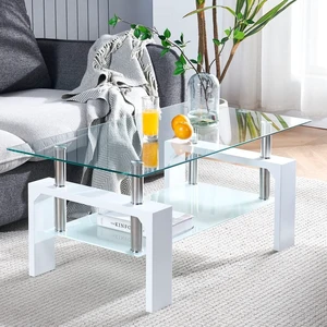 Living Room Rectangle Coffee Table, Tea Table Suitable for Waiting Room, Modern Side Coffee Table with Wooden Leg, Glass Tabletop with Lower Shelf, White 39.5 * 23.5 * 17.5 Living Room Rectangle Coffee Table, Tea Table Suitable for Waiting Room, Modern Side Coffee Table with Wooden Leg, Glass Tabletop with Lower Shelf, White 39.5 * 23.5 * 17.5