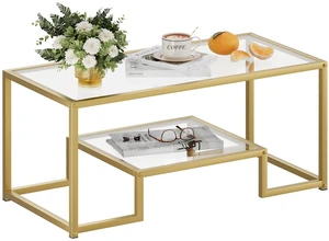 Coffee Table Gold Glass Coffee Table for Living Room,2 Tiers Rectangle Center Table with Sturdy Metal Frame,Modern Tempered Glass Accent Table for Bedroom Home Office Coffee Table Gold Glass Coffee Table for Living Room,2 Tiers Rectangle Center Table with Sturdy Metal Frame,Modern Tempered Glass Accent Table for Bedroom Home Office