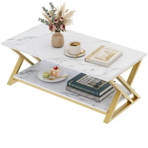 Coffee Table 2-Tier Gold Tables for Living Room,Center Table with Storage | Modern Wooden Rectangular Table with Storage Shelf, Sturdy Gold Metal Frame,Living Room Tables for Home Office Coffee Table 2-Tier Gold Tables for Living Room,Center Table with Storage | Modern Wooden Rectangular Table with Storage Shelf, Sturdy Gold Metal Frame,Living Room Tables for Home Office
