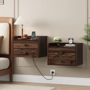 Floating Nightstand Set of 2 with 2 Storage Drawers and Charging Station | Wood Wall Mounted Bedside End Table Modern Night Stands Set 2 for Bedroom,Small Space,Brown Walnut Floating Nightstand Set of 2 with 2 Storage Drawers and Charging Station | Wood Wall Mounted Bedside End Table Modern Night Stands Set 2 for Bedroom,Small Space,Brown Walnut