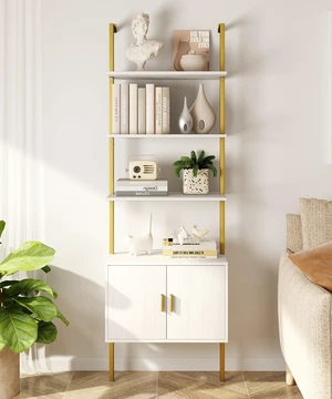 73" Tall Bookshelf with Cabinet, Industrial Ladder Wall Mount Shelf Bookcase with Wood and Metal Frame, Plant Shelf Wall Storage Display for Living Room Bedroom, White Gold 73" Tall Bookshelf with Cabinet, Industrial Ladder Wall Mount Shelf Bookcase with Wood and Metal Frame, Plant Shelf Wall Storage Display for Living Room Bedroom, White Gold