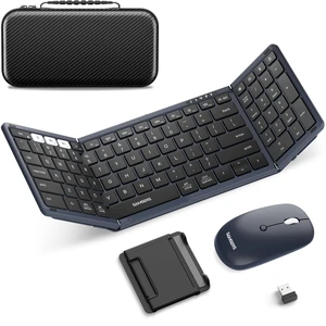 Foldable Keyboard and Mouse, Folding Bluetooth Keyboard Combo, 2.4G + BT5.0 x 2, Full-Size Portable Travel Keyboard & Rechargeable Wireless Mouse for Windows Android iOS Mac OS, Midnight Foldable Keyboard and Mouse, Folding Bluetooth Keyboard Combo, 2.4G + BT5.0 x 2, Full-Size Portable Travel Keyboard & Rechargeable Wireless Mouse for Windows Android iOS Mac OS, Midnight