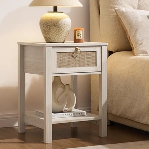 White Rattan Nightstand with Storage Shelf, Boho Bedside Table | Night Stand with Rattan Drawer, Boho End Table with Storage for Bedroom, Apartment, Guest Room, Small Spaces, and Dorm Rooms White Rattan Nightstand with Storage Shelf, Boho Bedside Table | Night Stand with Rattan Drawer, Boho End Table with Storage for Bedroom, Apartment, Guest Room, Small Spaces, and Dorm Rooms