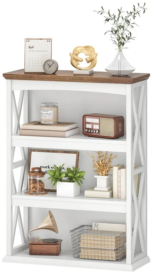 4-Tier Bookshelf, 42.9" Small Bookcase, Floor Standing Organizer Shelf, Corner Book Shelf, Metal Frame Bookshelves for Study, Bedroom, Living Room, White and Walnut TSJ01WL 4-Tier Bookshelf, 42.9" Small Bookcase, Floor Standing Organizer Shelf, Corner Book Shelf, Metal Frame Bookshelves for Study, Bedroom, Living Room, White and Walnut TSJ01WL