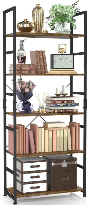 5 Tier Bookshelf, Tall Freestanding Open Storage Bookcase, Vintage | Storage Organizer with Metal Frame & Wood Shelves, Support Bars & Adjustable Feet for Bedroom, Living Room & Home Office 5 Tier Bookshelf, Tall Freestanding Open Storage Bookcase, Vintage | Storage Organizer with Metal Frame & Wood Shelves, Support Bars & Adjustable Feet for Bedroom, Living Room & Home Office