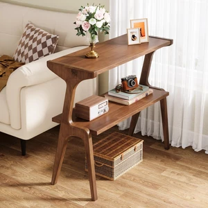 Solid Wood End Table, 2-Tier Farmhouse Side Table with Storage Shelves, Slim Side Table for Couch with Unique Legs, Long Bedside Table for Bedroom, Living Room, Rustic Brown Solid Wood End Table, 2-Tier Farmhouse Side Table with Storage Shelves, Slim Side Table for Couch with Unique Legs, Long Bedside Table for Bedroom, Living Room, Rustic Brown