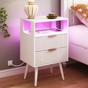 White Nightstand with Charging Station and LED Lights,Modern Bedside Table with 2 Storage Drawer and Open Wood Shelf, for Bedroom and Small Spaces,Night Stand with Solid Wood Legs,White White Nightstand with Charging Station and LED Lights,Modern Bedside Table with 2 Storage Drawer and Open Wood Shelf, for Bedroom and Small Spaces,Night Stand with Solid Wood Legs,White