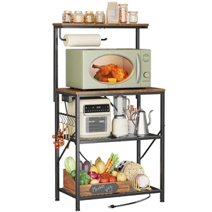 4-Tier Bakers Rack with Reversible Power Outlet, 23.6 Inch Microwave Stand, Kitchen Coffee Bar, with Top Shelf, 6 S Hooks, Rustic Brown 4-Tier Bakers Rack with Reversible Power Outlet, 23.6 Inch Microwave Stand, Kitchen Coffee Bar, with Top Shelf, 6 S Hooks, Rustic Brown