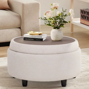 Fabric Round Storage Ottoman with Reversible Tray Lid Multi-Functional Footrest, Hidden Storage, Sturdy & Stylish Small Coffee Table for Living Room, Bedroom, or Entryway(Beige) Fabric Round Storage Ottoman with Reversible Tray Lid Multi-Functional Footrest, Hidden Storage, Sturdy & Stylish Small Coffee Table for Living Room, Bedroom, or Entryway(Beige)