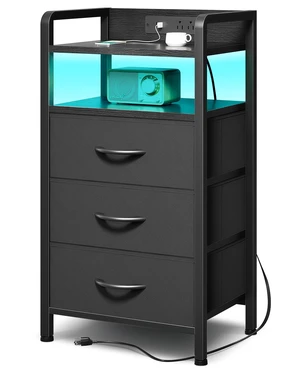 Nightstand with Rear Charging Station, LED Light, 3 Drawers, Black | Industrial Nightstand, 2 USB-A Ports & AC Outlets, Raised Back Guard, Fabric Storage Drawers, Bedside Table for Bedroom, Dorm Nightstand with Rear Charging Station, LED Light, 3 Drawers, Black | Industrial Nightstand, 2 USB-A Ports & AC Outlets, Raised Back Guard, Fabric Storage Drawers, Bedside Table for Bedroom, Dorm